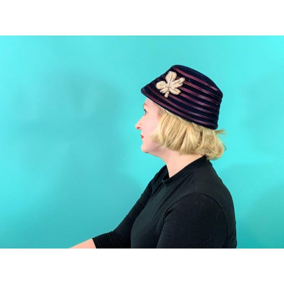 Vintage 1950s Bucket Hat Purple Stripe Floral Hat - Picture 5 of 10